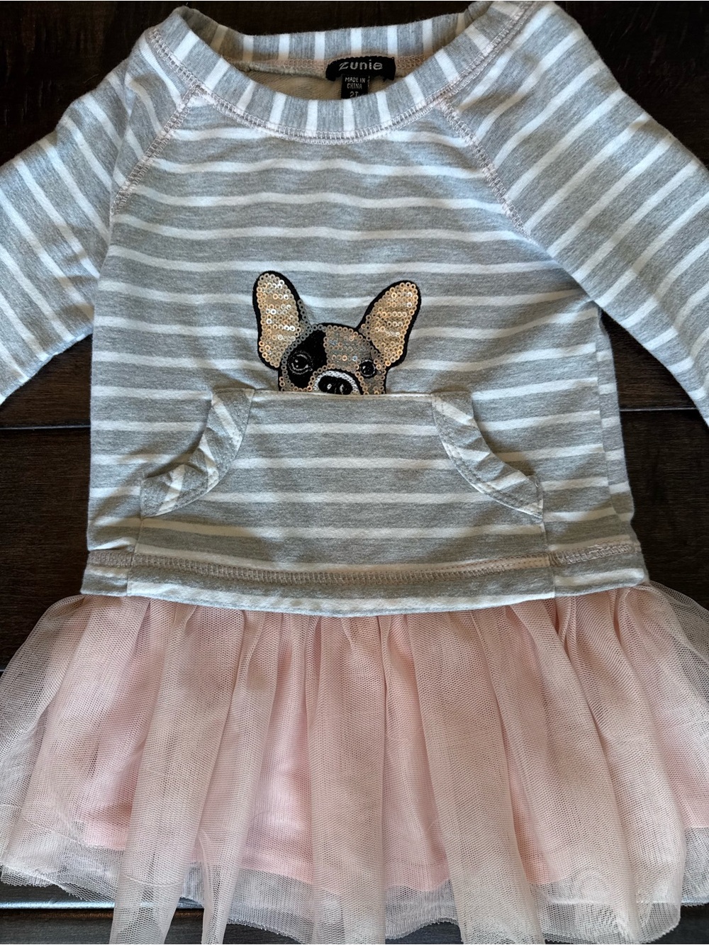 ❤️3/$30 Zunie Girls French Bulldog Tulle Tutu Dress Gray Pink Stripe Size 2T